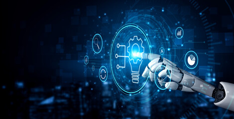 Obraz premium AI-driven business innovation and research for process automation. A concept of developing ideas and AI technology for strategic growth and analysis. Motif