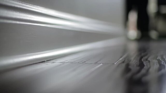 Close-up shot of a white baseboard and floor, showcasing the details and textures.