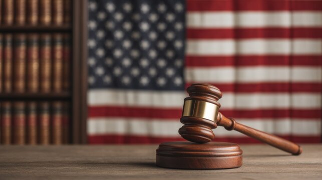 National Freedom Day and justice heritage, A wooden gavel rests on a block, set against a backdrop of the American flag and law books, symbolizing justice and the legal system. - Powered by Adobe