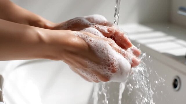Close-up of hands being washed with soap and water, creating foam and bubbles.