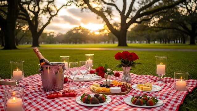 A romantic sunset picnic with champagne, cheese, and strawberries on a checkered blanket under old oak trees.