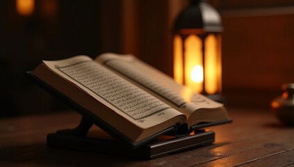 Open Quran on Wooden Stand with Lantern in Background.