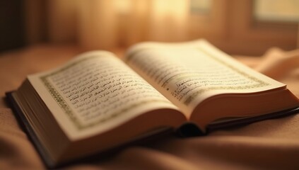 Open Quran on a Table - A Close-Up View.
