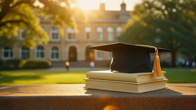Graduation Cap and Books Symbolize Academic Achievement at Golden Hour on Campus