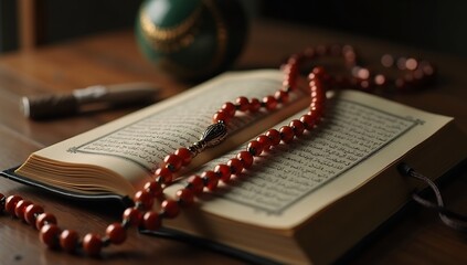 Open Quran with Rosary Beads on Wooden Table.