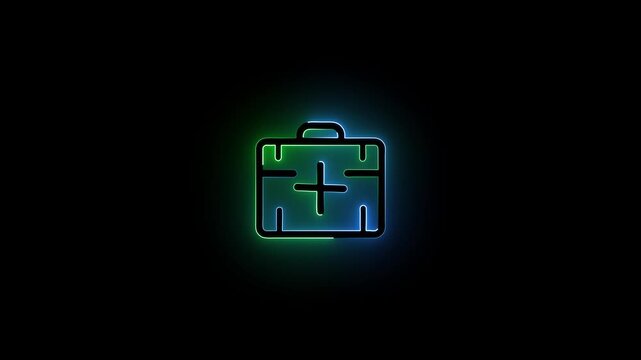 Blue and Green Neon First Aid Kit Icon with Plus Sign on Black medical kit emergency kit