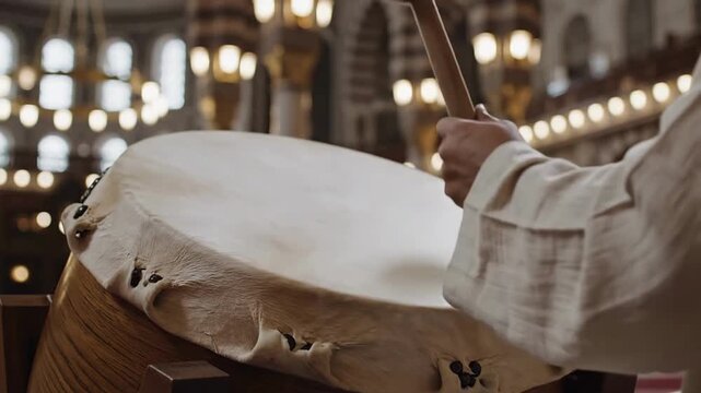 Close-up of hands striking a large traditional bedug drum in a warm mosque interior for ramadan.