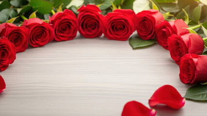 Red roses arranged in a heart shape on a wooden surface.