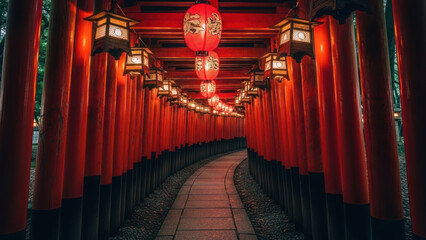 A pathway through red torii gates with hanging lanterns overhead.