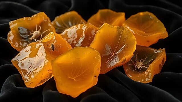 copal. Several raw amber copal resin pieces on black velvet with ancient inclusions. gardening catalogs, home-decor guides, designed for home decor and floral branding, used by video editors.