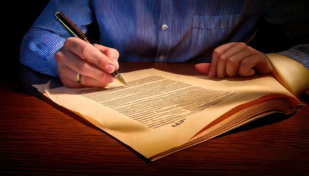 Person signing a document with a pen on a desk.