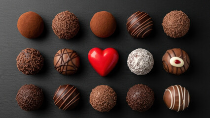 A collection of assorted chocolate truffles with decorative toppings.