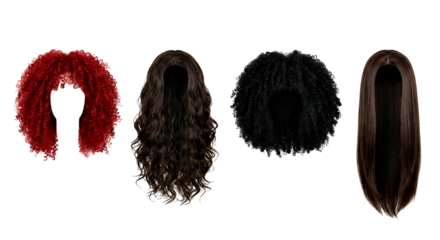 Vibrant Red Curly, Dark Brown Wavy, Black Afro, and Straight Hair Wigs Assortment for Beauty and Fashion Projects, isolated on transparent background.