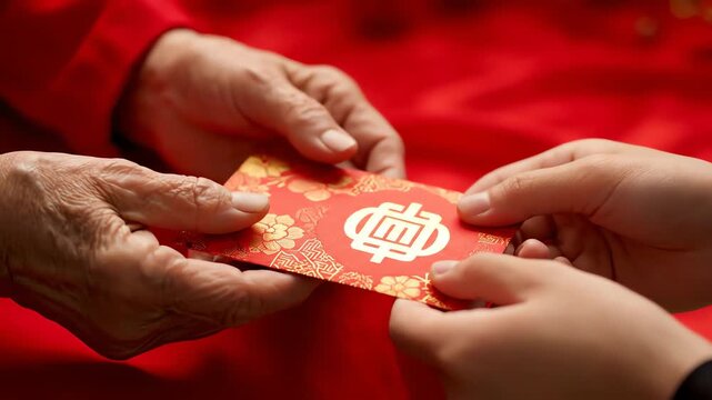 Xtreme close-up. Experienced hands (elders) pass a gold-stamped red envelope to younger hands. The background is a blurred red texture (silk or festive decor). No logos on the envelope, just tradition