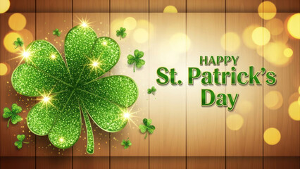 Green glittery shamrock with smaller clovers and glowing effects against a wooden background.
