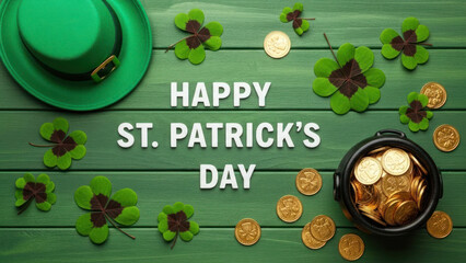 Green wooden surface decorated with shamrocks, coins, and a hat, celebrating St. Patrick's Day.