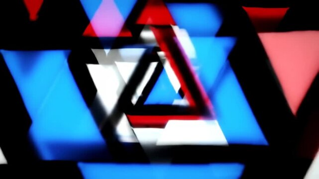 Abstract geometric background with blurred triangles in red, white, and blue colors.