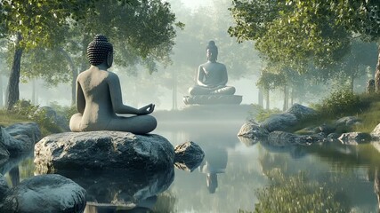 Fitness. Exercise. New Year resolution. Healthy lifestyle theme. A serene, tranquil scene featuring a Buddha statue in a meditative pose amidst a misty forest setting.