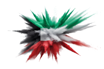 Exploding Kuwait flag artfully bursts with national pride, creating a dynamic symbol of Kuwaiti identity