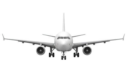 Obraz premium Front view of a white commercial airplane with engines and landing gear