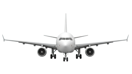 Front view of a white commercial airplane with engines and landing gear