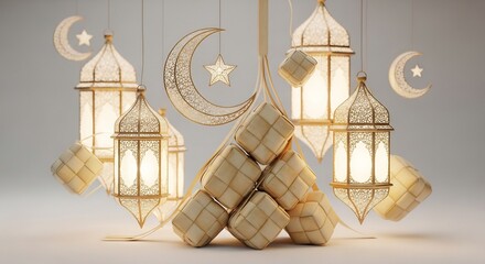 Ramadan Kareem festive arrangement with lanterns, ketupat, and crescent moons.