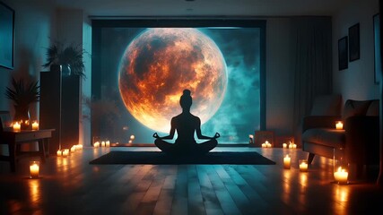 Fitness. Exercise. New Year resolution. Healthy lifestyle theme. A tranquil indoor scene featuring a silhouette of a person meditating against a backdrop of a large, fiery celestial body.
