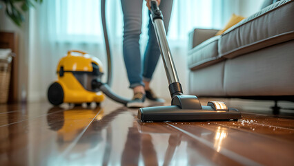 Fototapeta premium Person vacuuming a shiny wooden floor in a modern living room