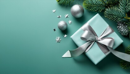 Elegant Holiday Gift Presentation With Silver Ribbon And Ornament On Mint Background