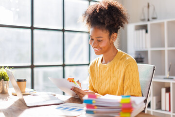 African american in afro hair business people analysis summary graph reports of business operating...