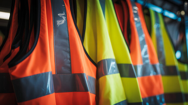 High visibility safety vests in orange and yellow hanging in a row