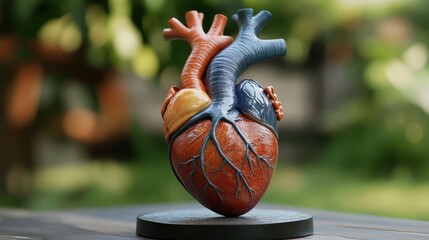A detailed anatomical model of a human heart, showcasing its intricate structure and vibrant colors