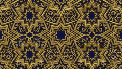 Luxurious seamless islamic geometric pattern featuring intricate golden stars and filigree details, digitally illustrated on a deep navy blue background.