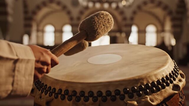 Warm, cinematic close-up of hands striking a traditional bedug drum for ramadan, signaling hope from the prison.