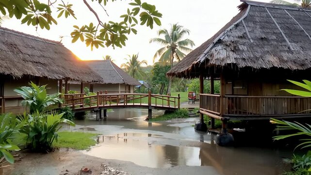 Tranquil tropical overwater hut village at sunset lagoon.