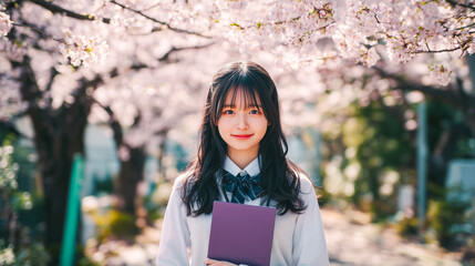 桜咲く並木道で未来へ歩み出す卒業生