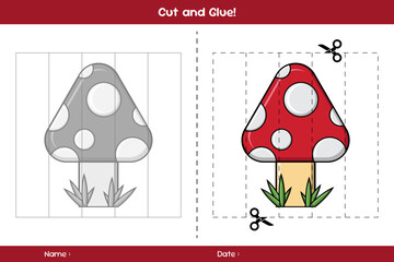 Cut and glue of mushrooms. Education paper game for kids. Glue game for kids. Educational children's game. Template for cut and glue