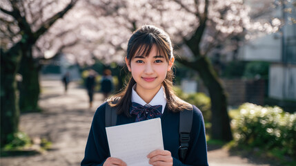 桜咲く並木道で未来へ歩み出す卒業生