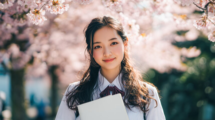 桜咲く並木道で未来へ歩み出す卒業生