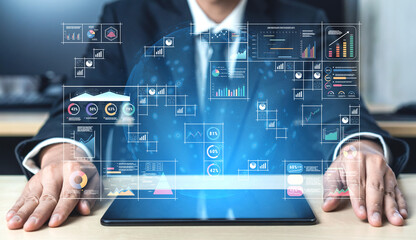 A big data visualization and business analytics dashboard grid. A complex collection of charts and graphs for comprehensive company reporting. Motif