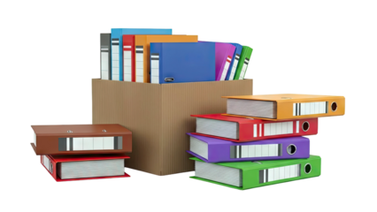 Colorful Ring Binders Stacked and in Cardboard Box