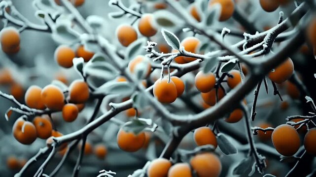 A closeup of a tree branch covered in snow. The main subject is a cluster of ripe, orangecolored fruits. The fruits are covered in a thin layer of frost, giving them a frosty appearance.