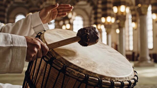 Close-up of hands striking a traditional bedug drum in the warm, spiritual light of the mosque.