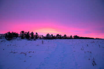 Pink winter sunrise in Canada