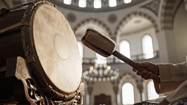 Warm, close-up shot of hands striking a large traditional bedug drum for ramadan inside a spiritual mosque.