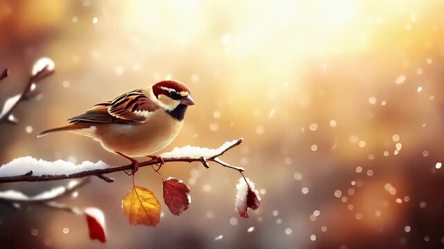 A closeup of a bird perched on a branch covered in snow. The bird appears to be a sparrow, with a reddishbrown body, white chest, and a black head and neck.
