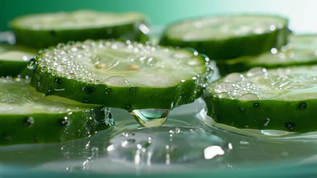 Clear Water Dripping On Fresh And Refreshing Cucumber Slices Closeup View