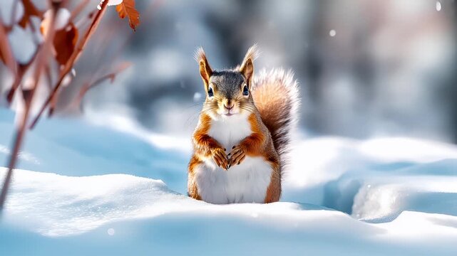 A closeup of a squirrel in a snowy environment. The squirrel is standing upright on its hind legs, with its front paws resting on the snow. The fur is a mix of brown and white.
