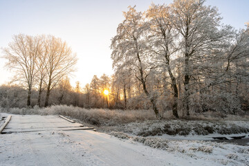 Winter sunrise over frozen forest and wooden bridge