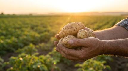 A farmer s hands gently hold a cluster of freshly harvested potatoes in a field bathed in the warm glow of a sunset